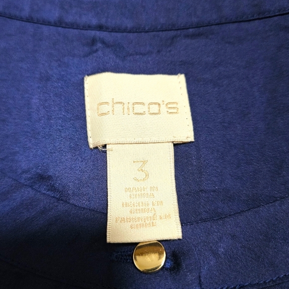 Chico's Sz 3 (XL/16) Blue Button Front Blouse Top Short Sleeve Satin Look Pocket - Picture 6 of 11
